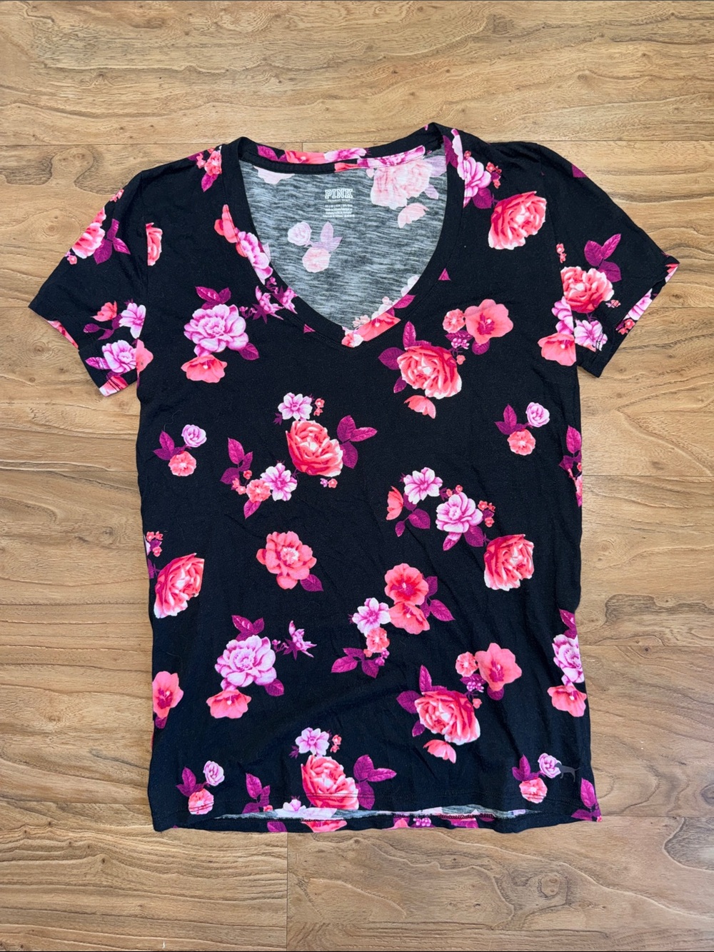 PINK Victoria's Secret Black V-Neck Tee with Pink Floral Print